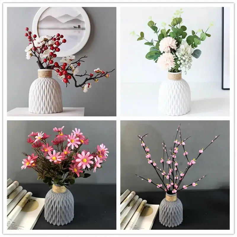 White textured ceramic modern flower vase with woven rope band at neck stylish nordic color block design DecorBites