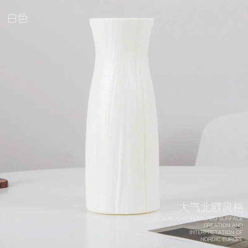Decorbites™ stylish nordic white plastic flower vase with sleek ceramic look and subtle vertical texture for home decor
