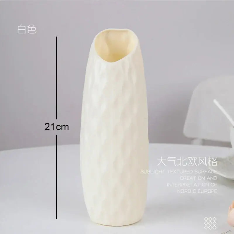 DecorBites™ stylish nordic plastic flower vase in off-white with a textured hammered surface and flared opening