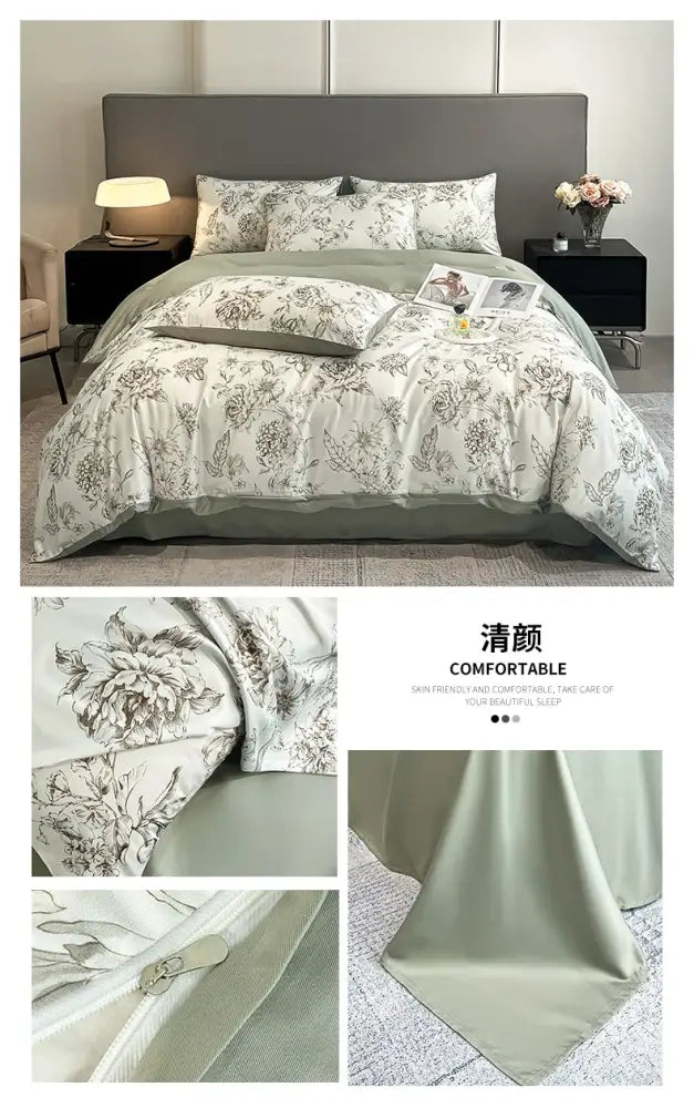 DecorBites summer floral satin silk duvet cover set with muted gray and white floral pattern on sage green fabric