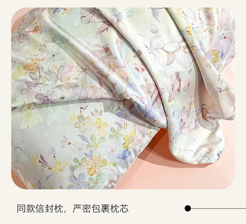 Decorbites™ summer floral satin silk duvet cover set with a delicate pastel watercolor floral pattern on silk fabric