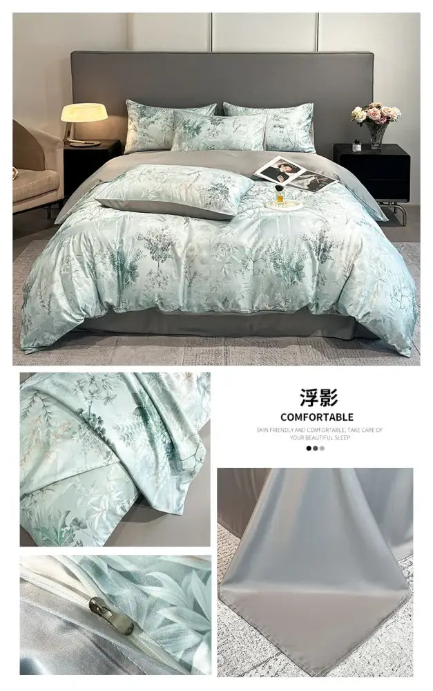 Light blue satin silk duvet cover set with delicate floral embroidery from DecorBites™ summer floral collection