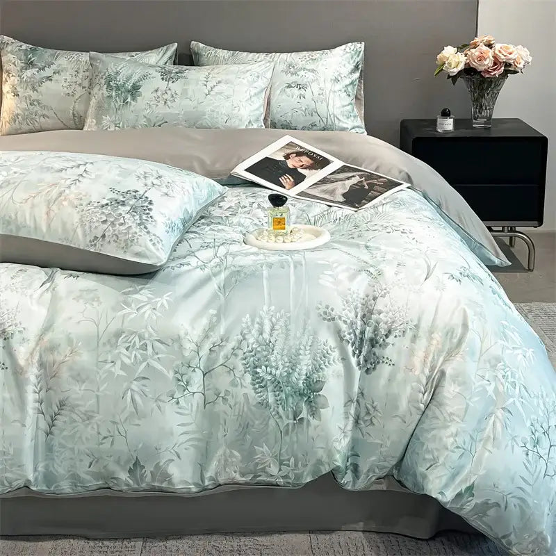 Decorbites summer floral satin silk duvet cover set in light blue with delicate muted green and gray botanical prints