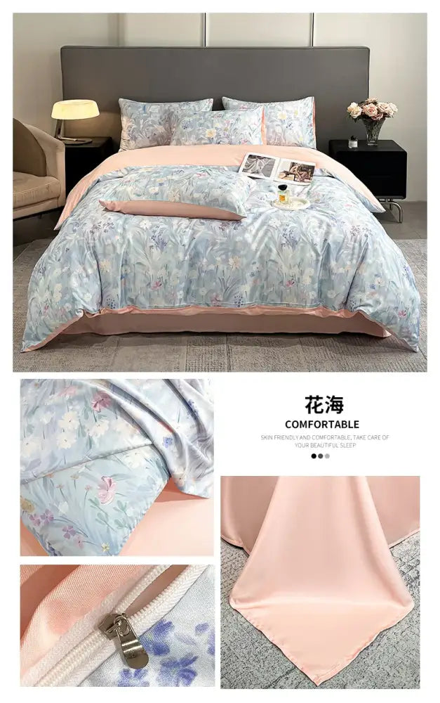 DecorBites summer floral satin silk duvet cover set in light blue with pink accents featuring a floral pattern