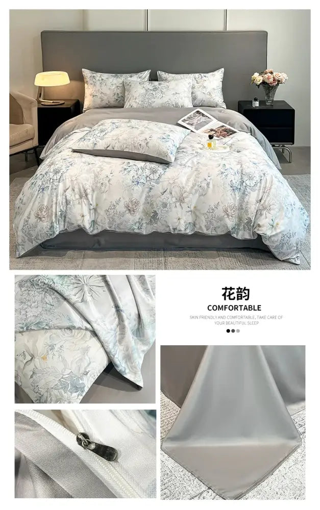 Light gray satin duvet cover set with subtle blue and white floral botanical designs from DecorBites summer collection