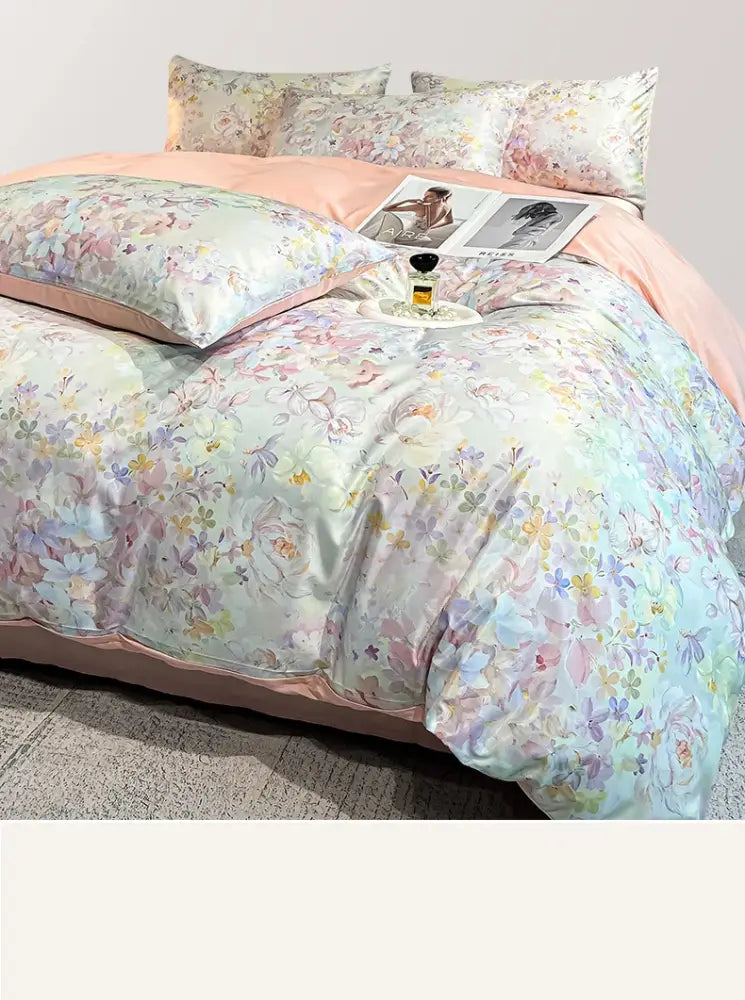 Pastel floral duvet cover set with soft satin silk fabric featuring pink lavender and mint green blossoms by DecorBites