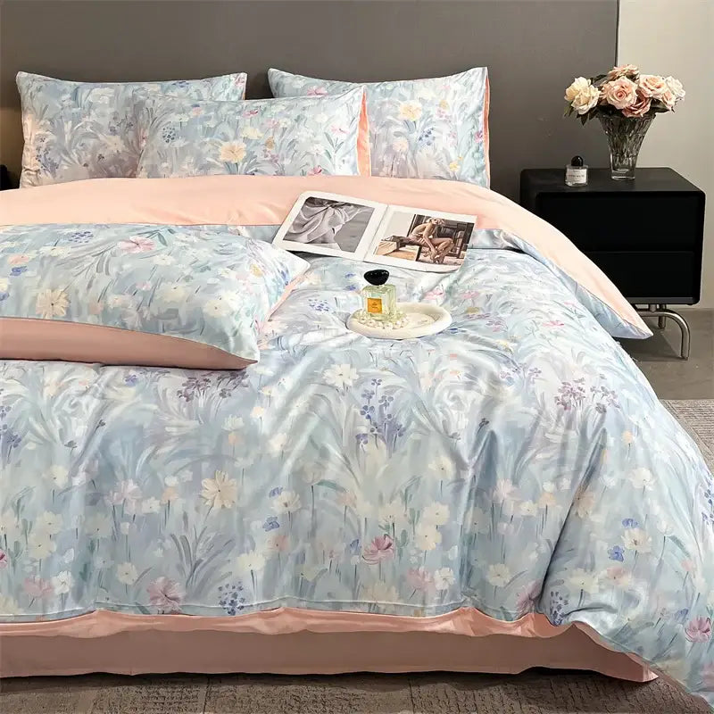 Pastel blue floral duvet cover set with soft pink satin trim from decorbites summer floral satin silk cover set