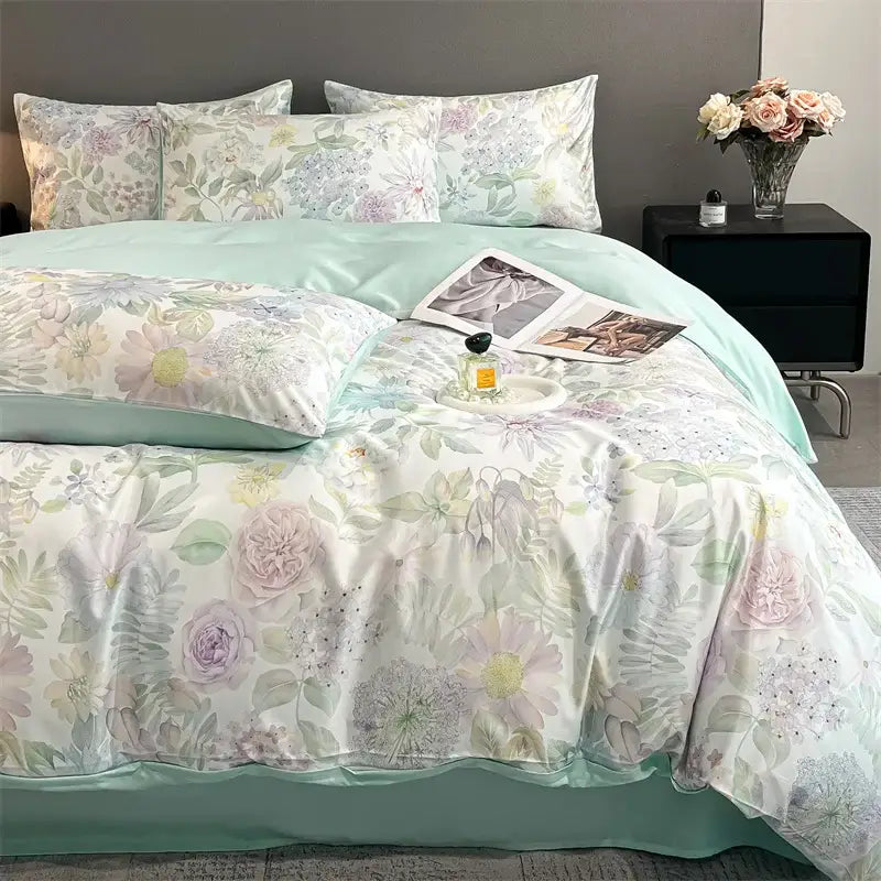 Decorbites summer floral satin silk duvet cover set with pastel floral design and mint green satin trim on creamy white base