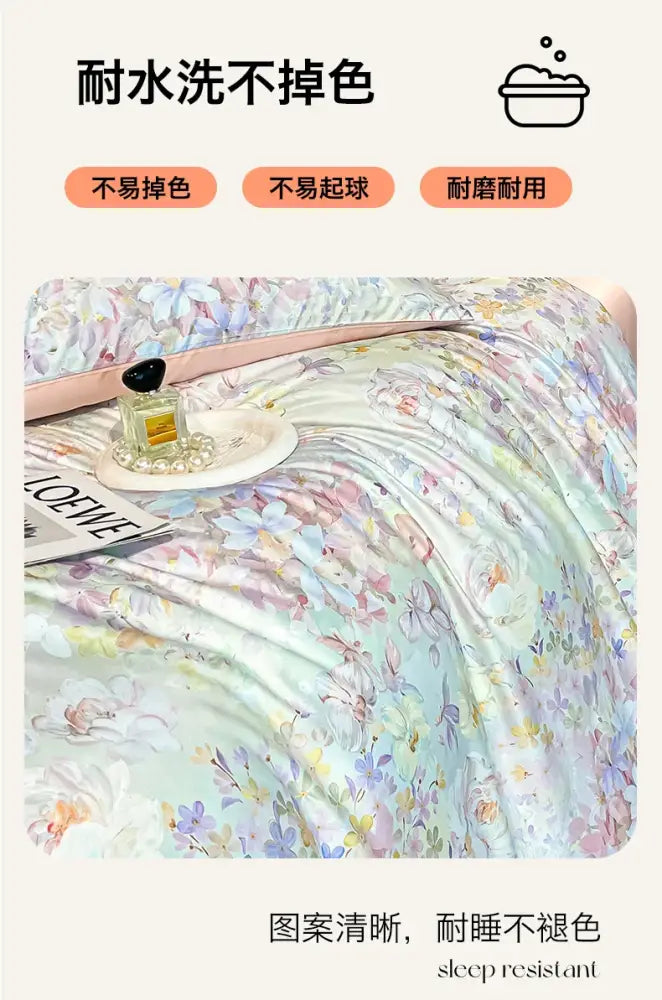 Decorbites™ summer floral satin silk duvet cover set with pastel floral pattern in lavender mint and peach hues