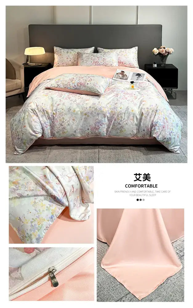 Decorbites summer floral satin silk duvet cover set with pastel pink and white floral patterned cover set