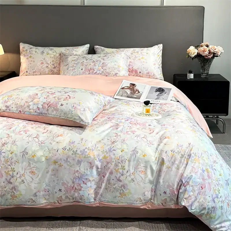 DecorBites™ summer floral satin silk duvet cover set with pastel watercolor pattern and soft pink satin trim