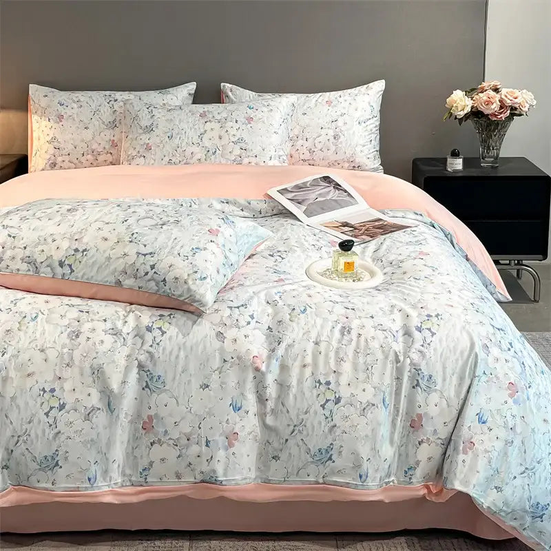 Decorbites summer floral satin silk duvet cover set with pastel floral pattern in soft blue and pink on lightweight fabric