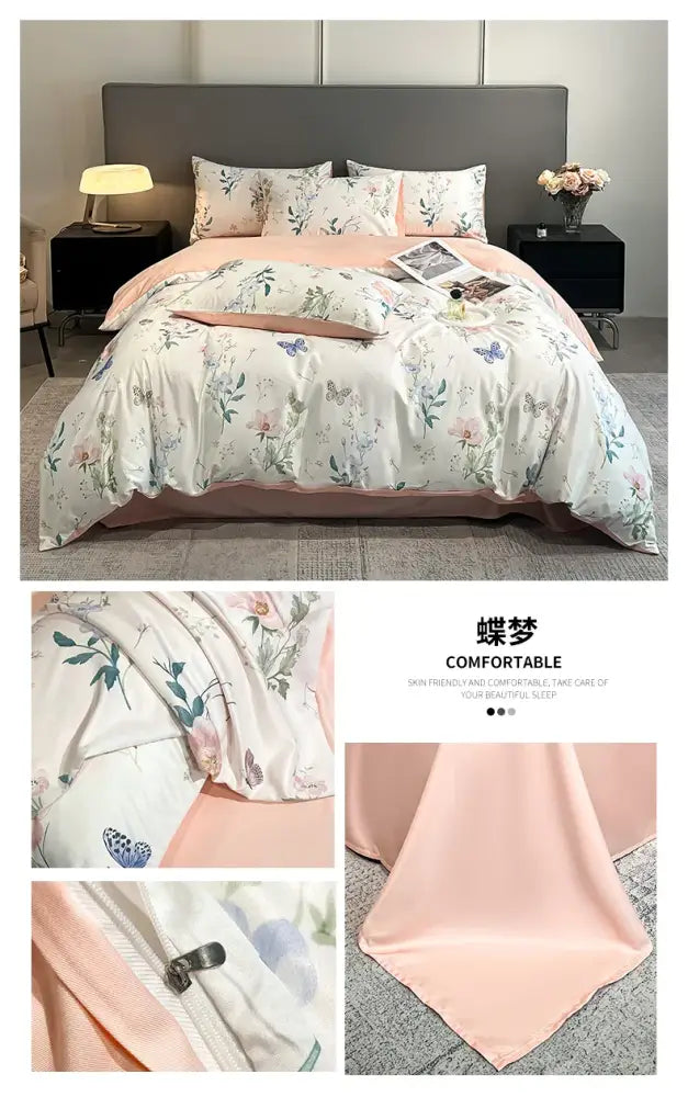 DecorBites™ summer floral satin silk duvet cover set in cream with pastel pink and green butterfly and floral pattern
