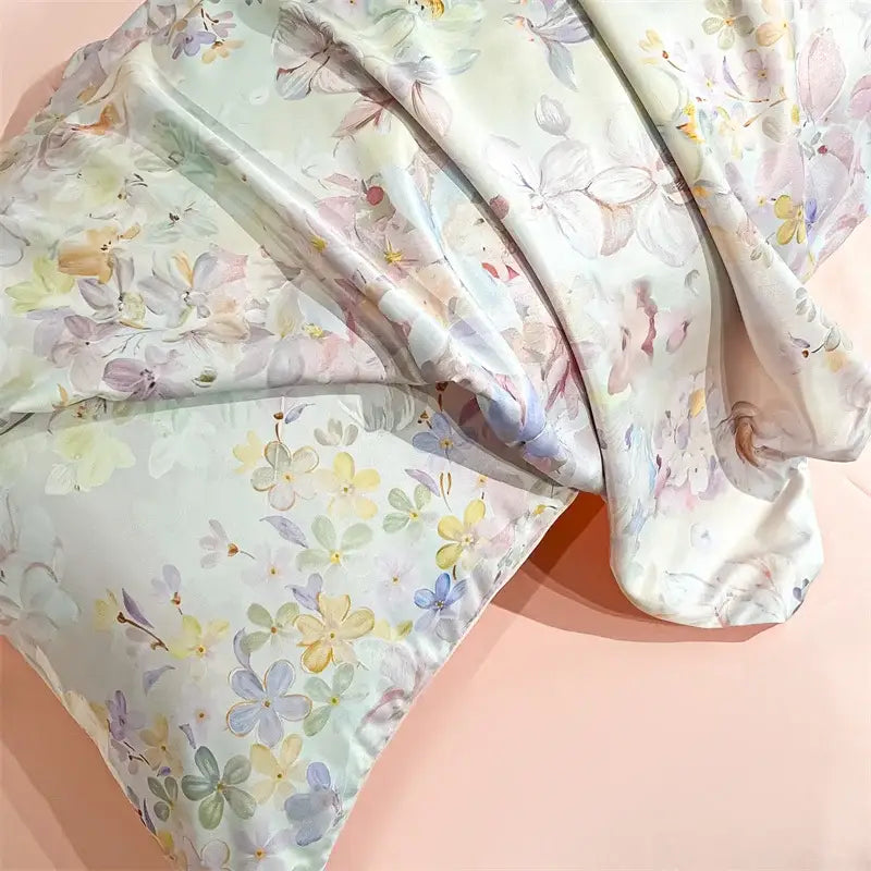 DecorBites™ summer floral satin silk duvet cover set with pastel watercolor blossoms on cream background