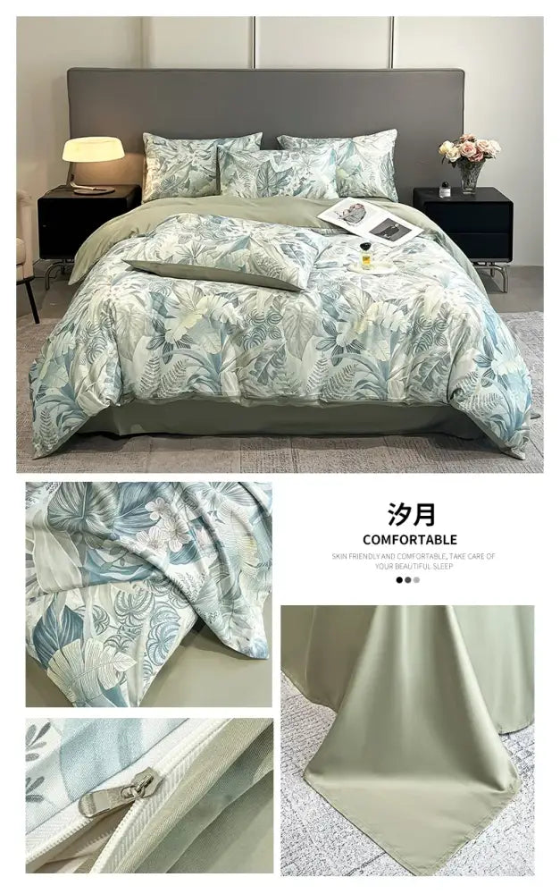 Decorbites summer floral satin silk duvet cover set featuring a soft sage green and light blue floral duvet cover set