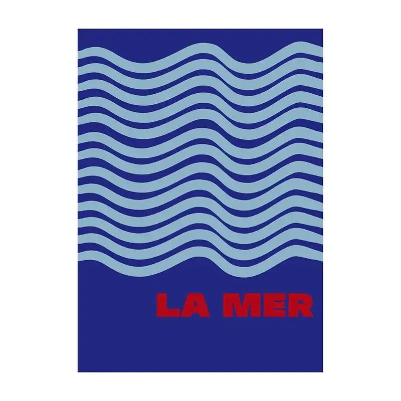 Blue beach canvas art print with wavy light blue lines and red la mer text for summer vibe posters by DecorBites