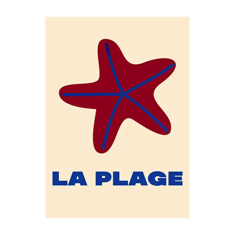 Decorbites summer vibe beach canvas art print featuring a bold red starfish with blue lines and la plage text