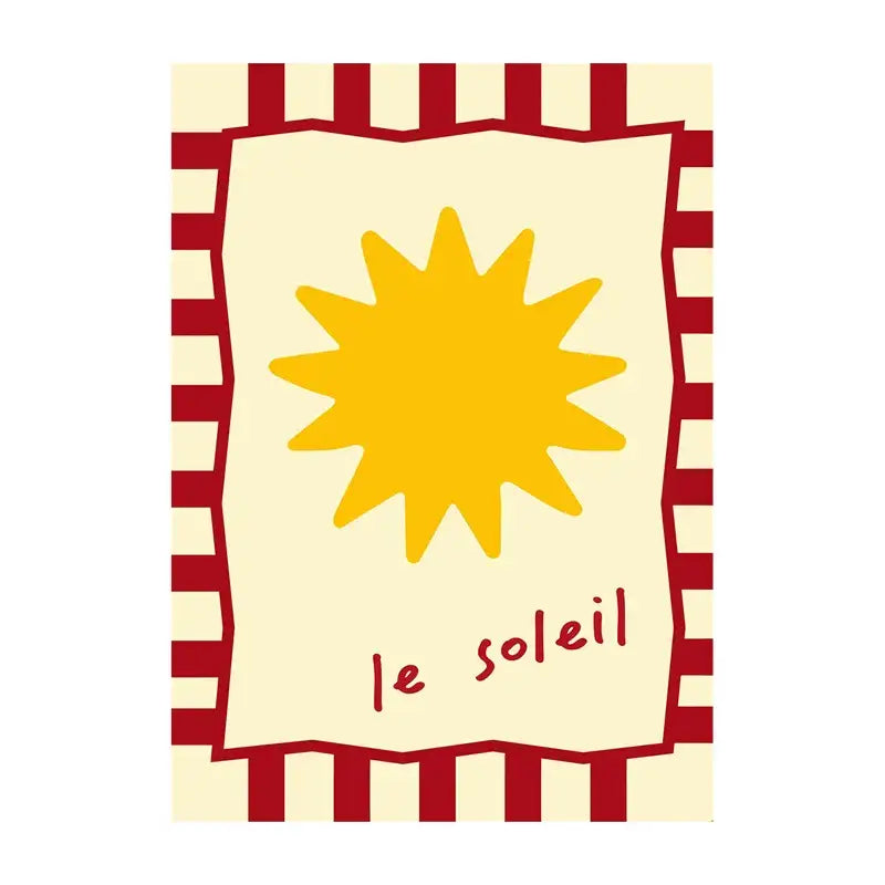 Decorbites™ summer vibe beach canvas art print featuring a cheerful yellow sun on cream card with le soleil cursive text