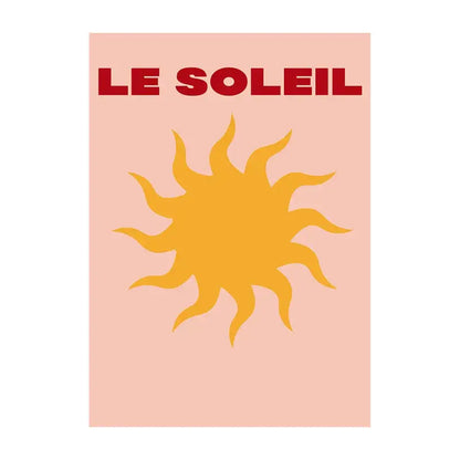 A minimalist peach decorbites™ summer vibe beach canvas featuring a bold yellow sun and le soleil text in red
