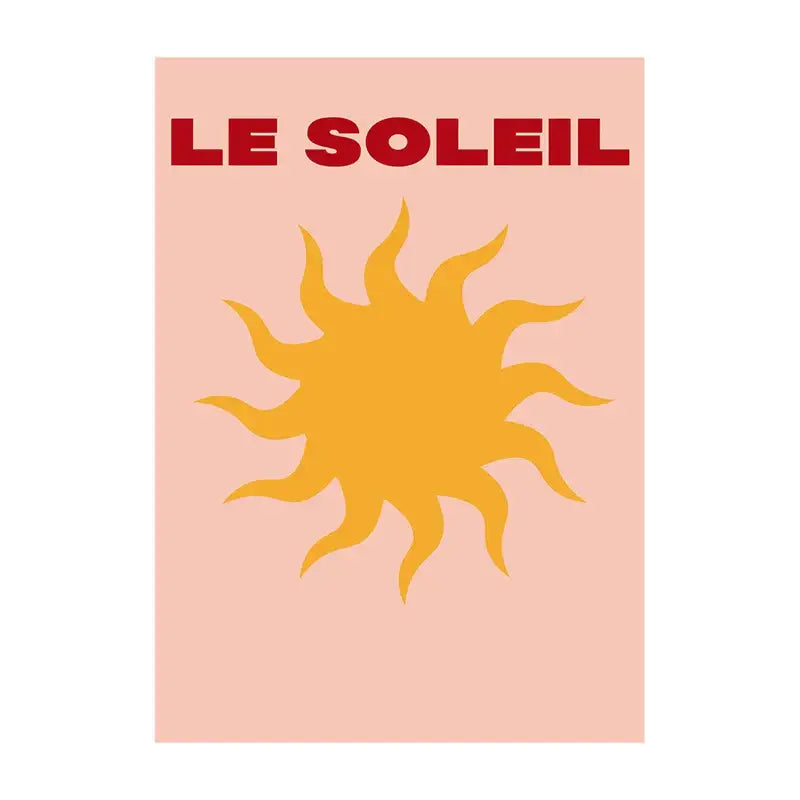 A minimalist peach decorbites™ summer vibe beach canvas featuring a bold yellow sun and le soleil text in red