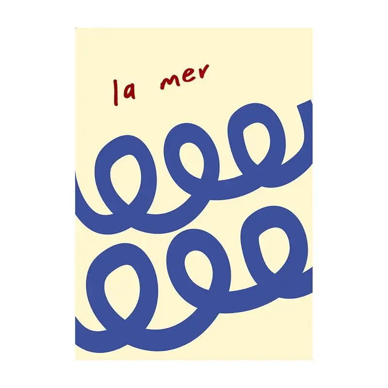 Minimalist DecorBites™ summer vibe beach canvas print with bold blue waves on pale yellow background and red la mer text