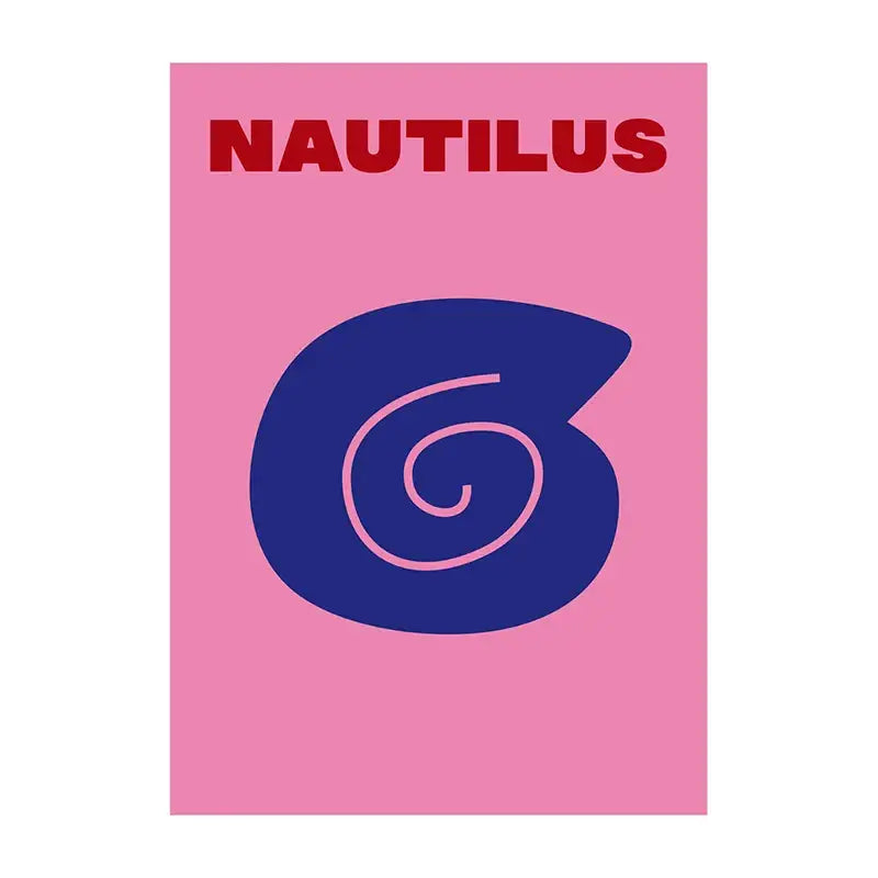Pink decorbites™ summer vibe beach canvas art print with navy blue spiral emblem and red nautilus text