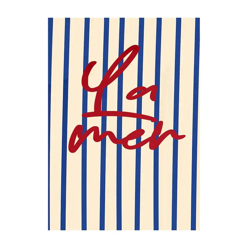A decorbites summer vibe beach canvas art print with bold blue stripes and red cursive la mer on cream background
