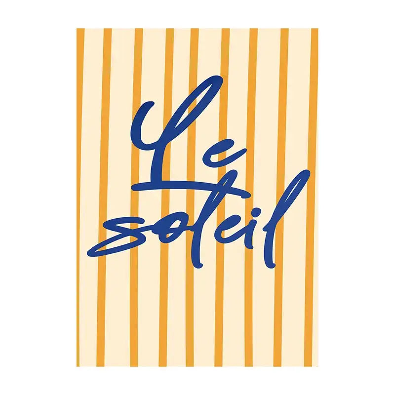 Rectangular DecorBites™ summer vibe beach canvas art print with le soleil in blue cursive on mustard-yellow and cream stripes