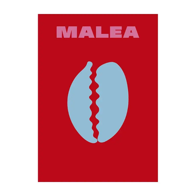 Red summer vibe beach canvas art print featuring a light blue shell and pink malea text on a crimson background