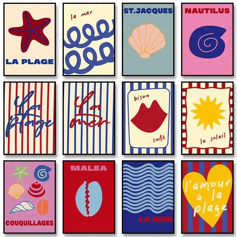 Set of twelve colorful DecorBites™ summer vibe posters with seaside-themed beach canvas art prints in pastel tones