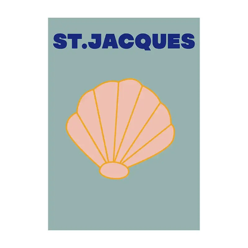 Stylized peach seashell with yellow outline on muted teal background summer vibe beach canvas art print by DecorBites