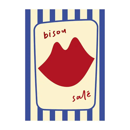 Stylized red lip print on cream card with blue stripes and bisou salé text in cursive on decorbites summer vibe beach canvas