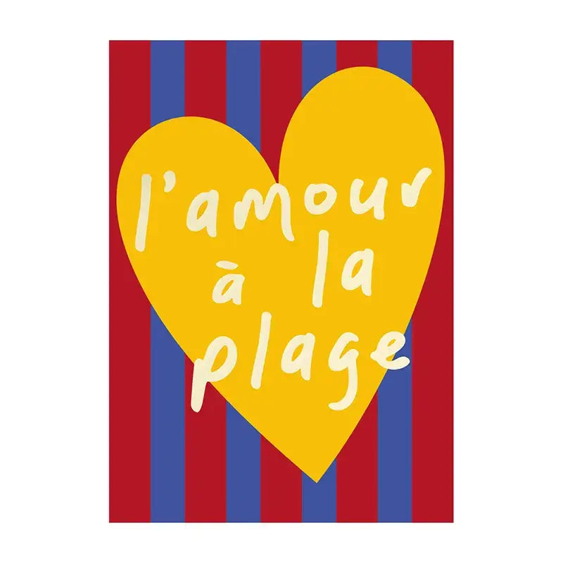 Decorbites™ summer vibe beach canvas art print with vibrant yellow heart and l amour a la plage on striped background