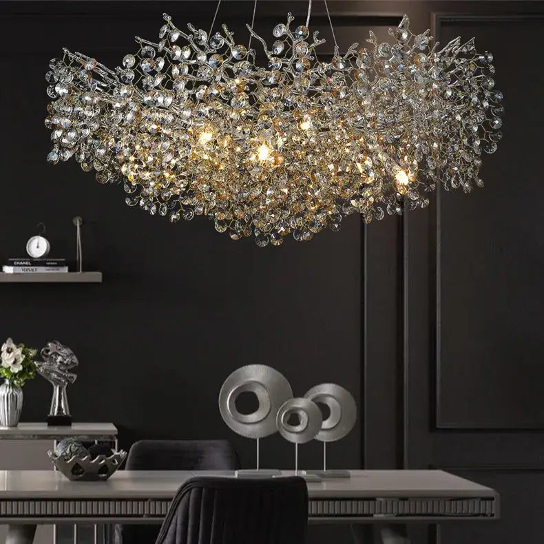 DecorBites™ sunflower crystal chandelier featuring clear and gold crystal droplets on silver wireframe for dining room