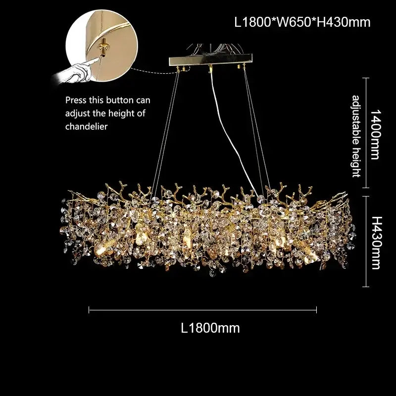 Gold-toned sunflower crystal chandelier with intricate branch design and adjustable height for dining room decor