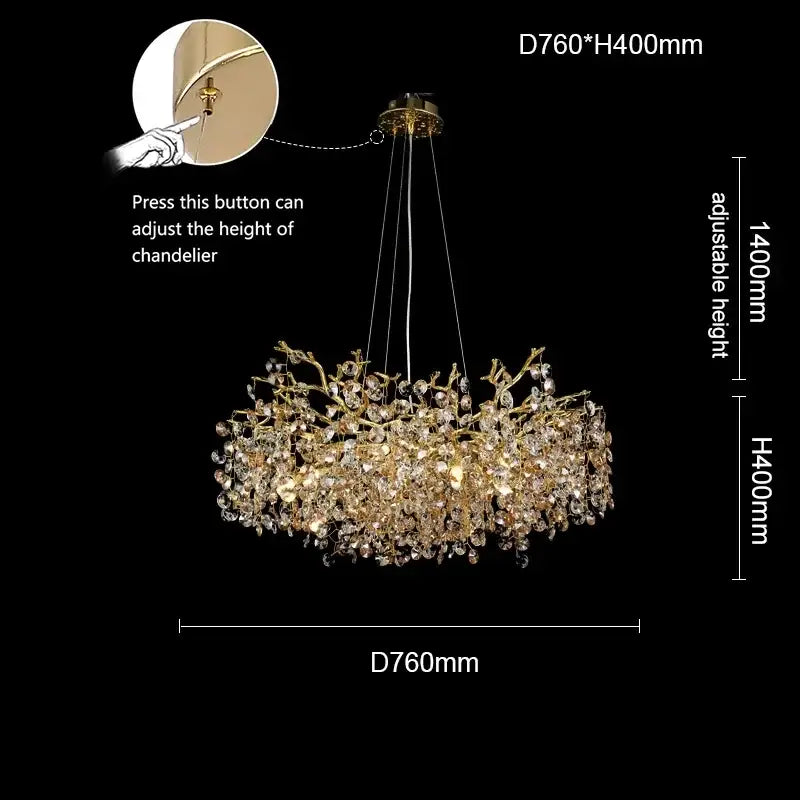 Gold-toned crystal chandelier with adjustable height and branching design for dining room sunflower crystal chandelier by DecorBites