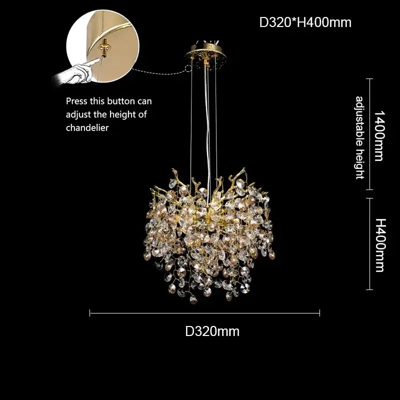 Gold-toned DecorBites Sunflower crystal chandelier with cascading clear crystal droplets and adjustable height for dining room