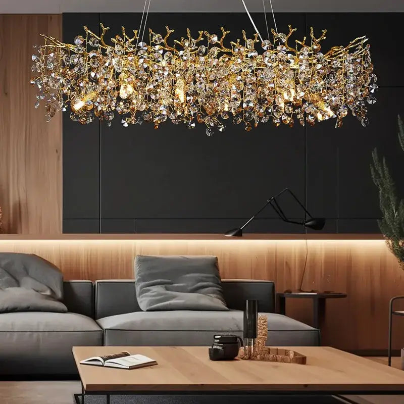 Golden crystal chandelier with intricate branching and clear hanging gemstones decorbites sunflower crystal chandelier for dining room