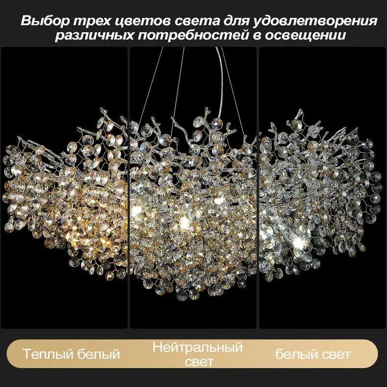 A sparkling silver-toned sunflower crystal chandelier with clear and golden beads for dining room decor