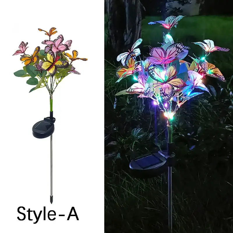 Decorbites™ sunflower solar garden lights featuring colorful translucent butterfly ornaments and green leaves for outdoor solar lawn decor