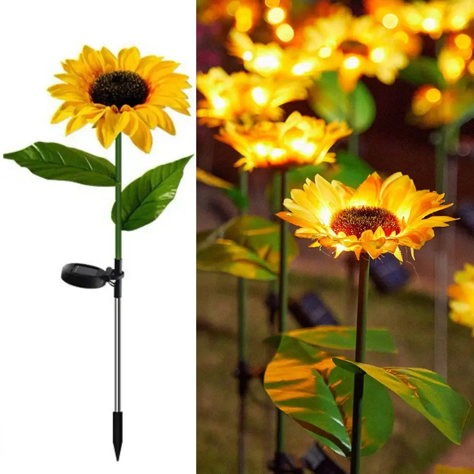 Decorbites™ sunflower solar garden lights featuring yellow sunflower design with black stem and leaf accents for outdoor solar lawn decor