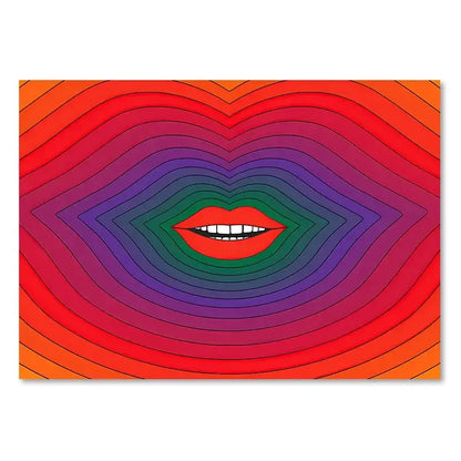 A decorbites™ sunset rainbow flower prints canvas featuring red lips with white teeth in concentric wavy bands