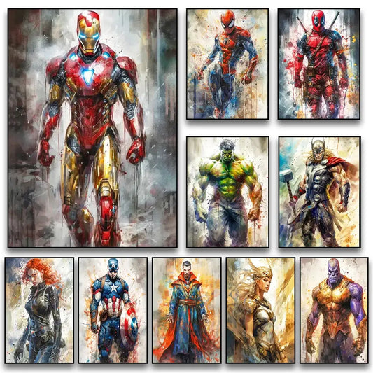Set of marvel superhero canvas wall art featuring iron man spider-man and others in vibrant watercolor-style artwork