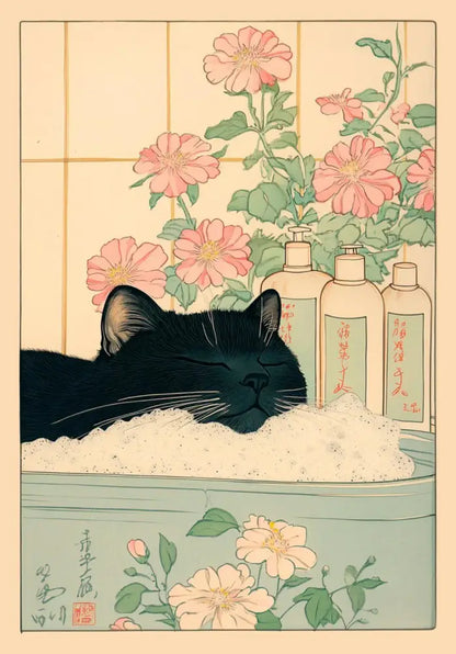Decorbites™ canvas wall art of a black tabby cat resting in a bathtub with white foam and pink flowers