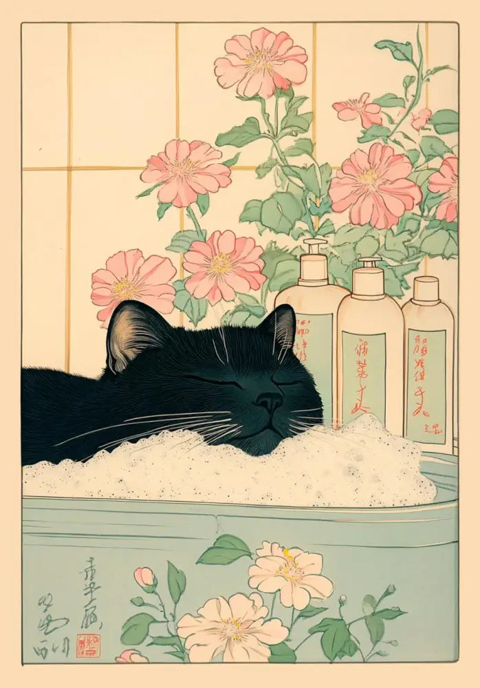 Decorbites™ canvas wall art of a black tabby cat resting in a bathtub with white foam and pink flowers