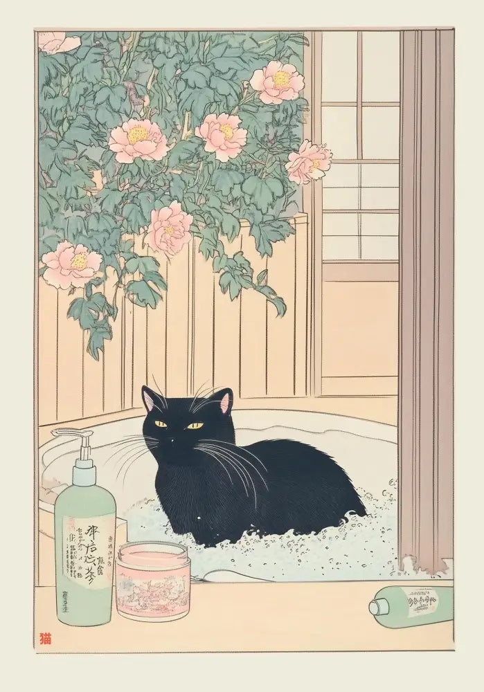 Decorbites™ canvas wall art featuring a black tabby cat with green eyes in a bathtub with pink peonies background