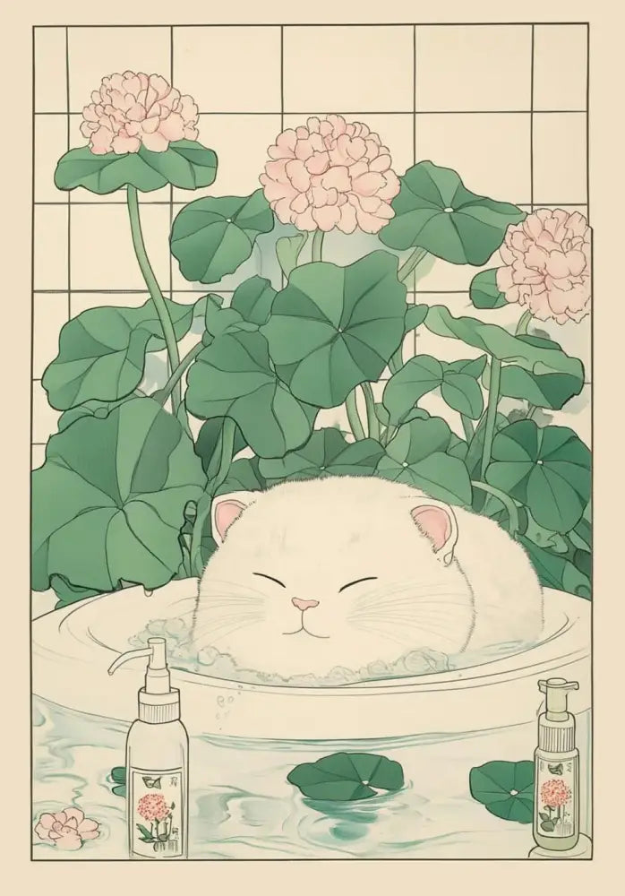 Decorbites™ tabby cat in bathtub canvas wall art featuring a fluffy white japanese tabby cat among lily pads and flowers