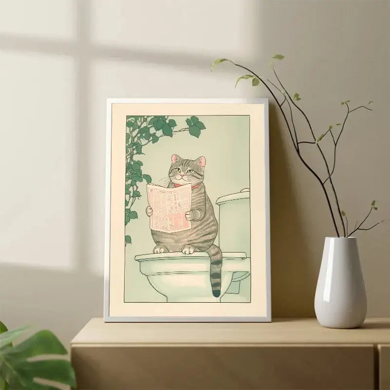 A framed gray tabby cat wall art illustration by DecorBites featuring a japanese tabby cat reading on a toilet