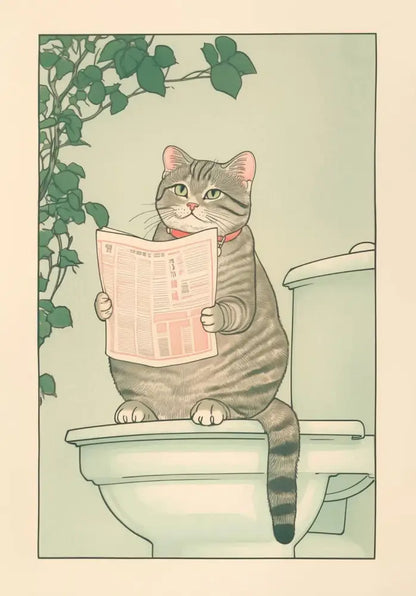 Decorbites™ wall art featuring a gray tabby cat with green eyes and red collar holding a newspaper on a toilet