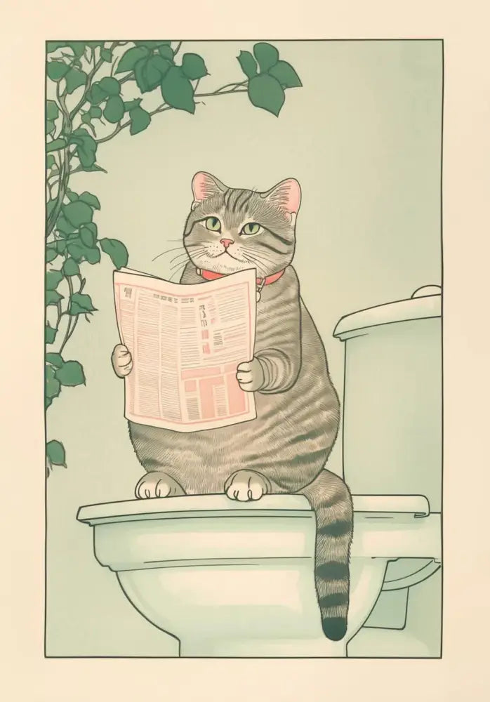 Decorbites™ wall art featuring a gray tabby cat with green eyes and red collar holding a newspaper on a toilet